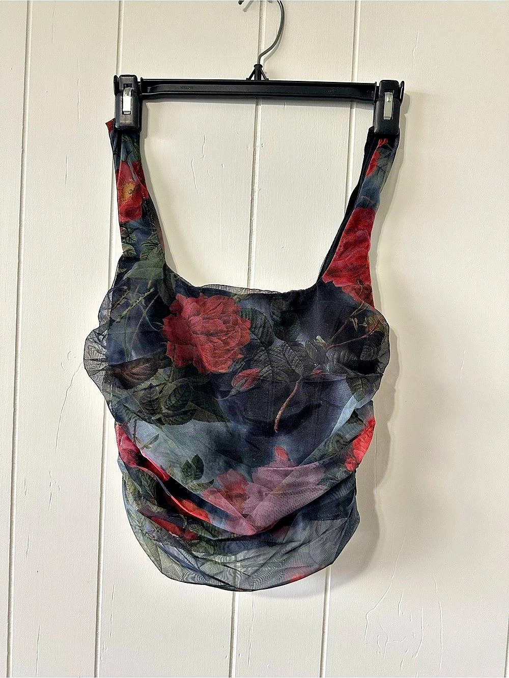 Fashion Nova Floral Mesh Ruched Tank Top in Black & Red Like New